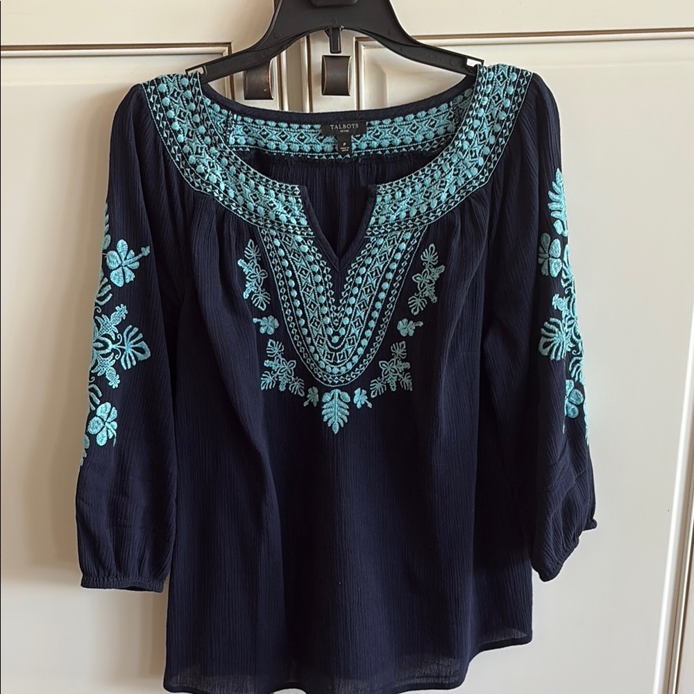 Talbots Navy Blue & turquoise Embroidered Women's Top